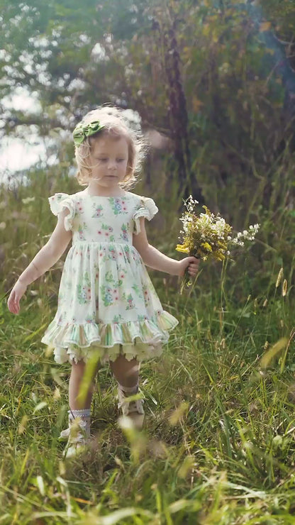 Sage Garden Dress – Floral Print Vintage Inspired Boutique Girls Dress | Ruffle Detail Heirloom Style Classic Girls Dress
