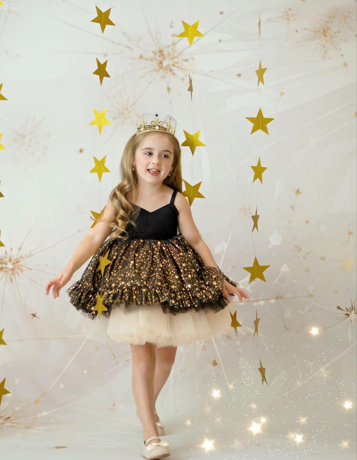 Starry Night Dress – Luxury Velvet Boutique Girls Dress | Gold Tulle Ruffle Skirt Holiday New Year Special Occasion Dress