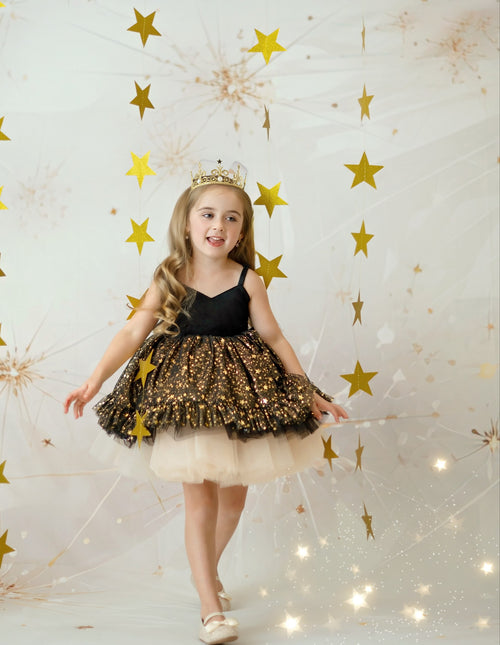 Starry Night Dress – Luxury Velvet Boutique Girls Dress | Gold Tulle Ruffle Skirt Holiday New Year Special Occasion Dress