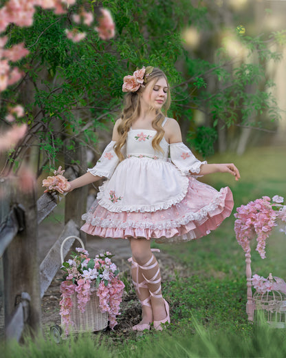 Sakura Whisper Dress – Hand Embroidered Jacquard Boutique Girls Dress | Vintage Inspired Lace Flutter Sleeve Heirloom Style